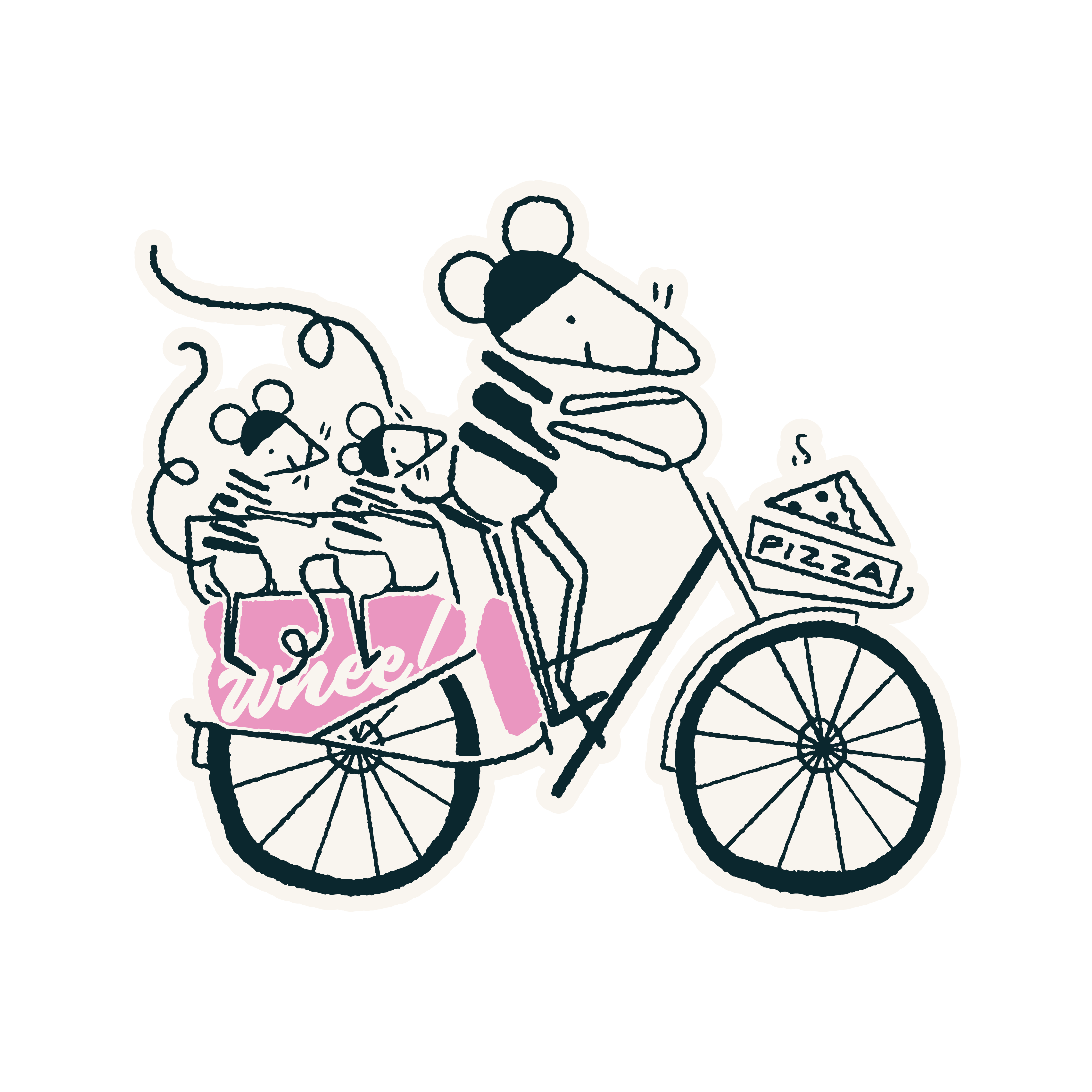A mouse family delivering pizza by cargo bike, saying whee!