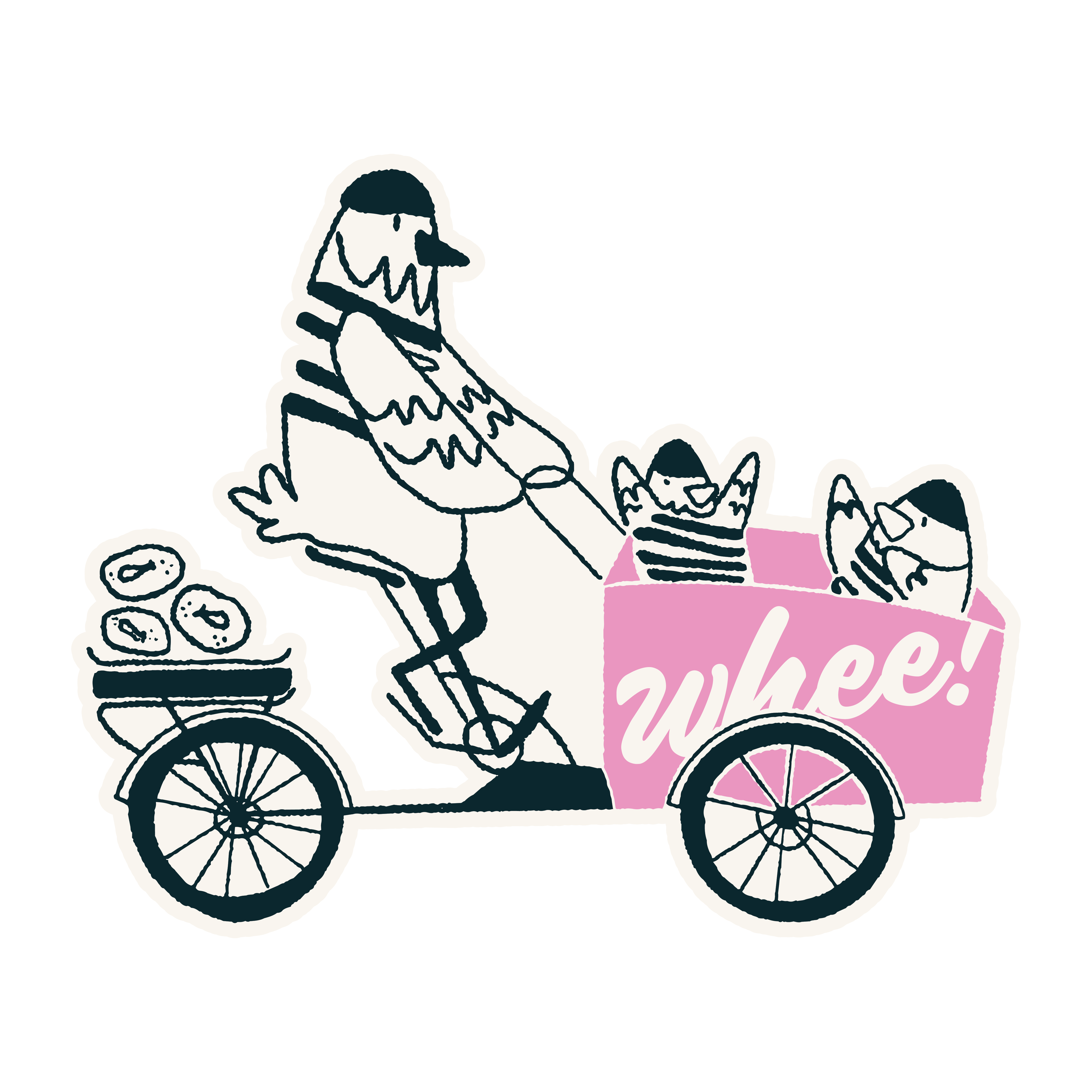 A pigeon family delivering bagels by cargo bike, saying whee!